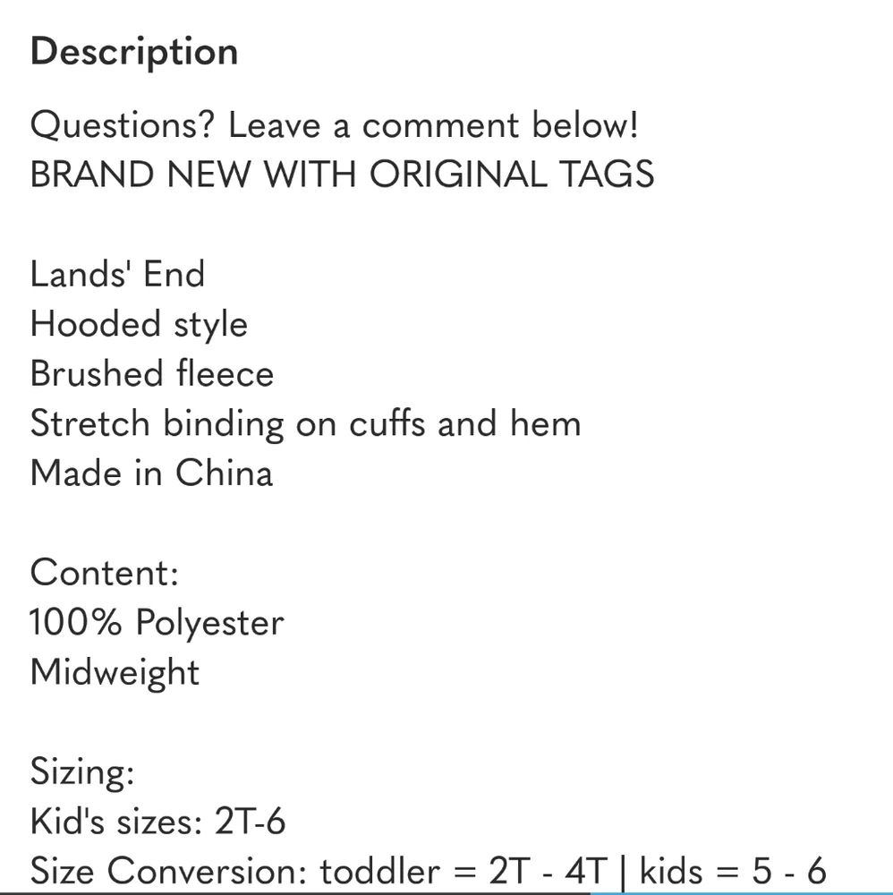 Lands' End Kids' Full Zip Jacket, nwt